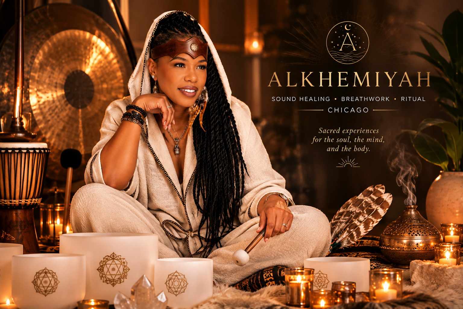 Shaman Yawna Shakti seated among crystal singing bowls, gong, and candlelight for the Alkhemiyah campaign portrait