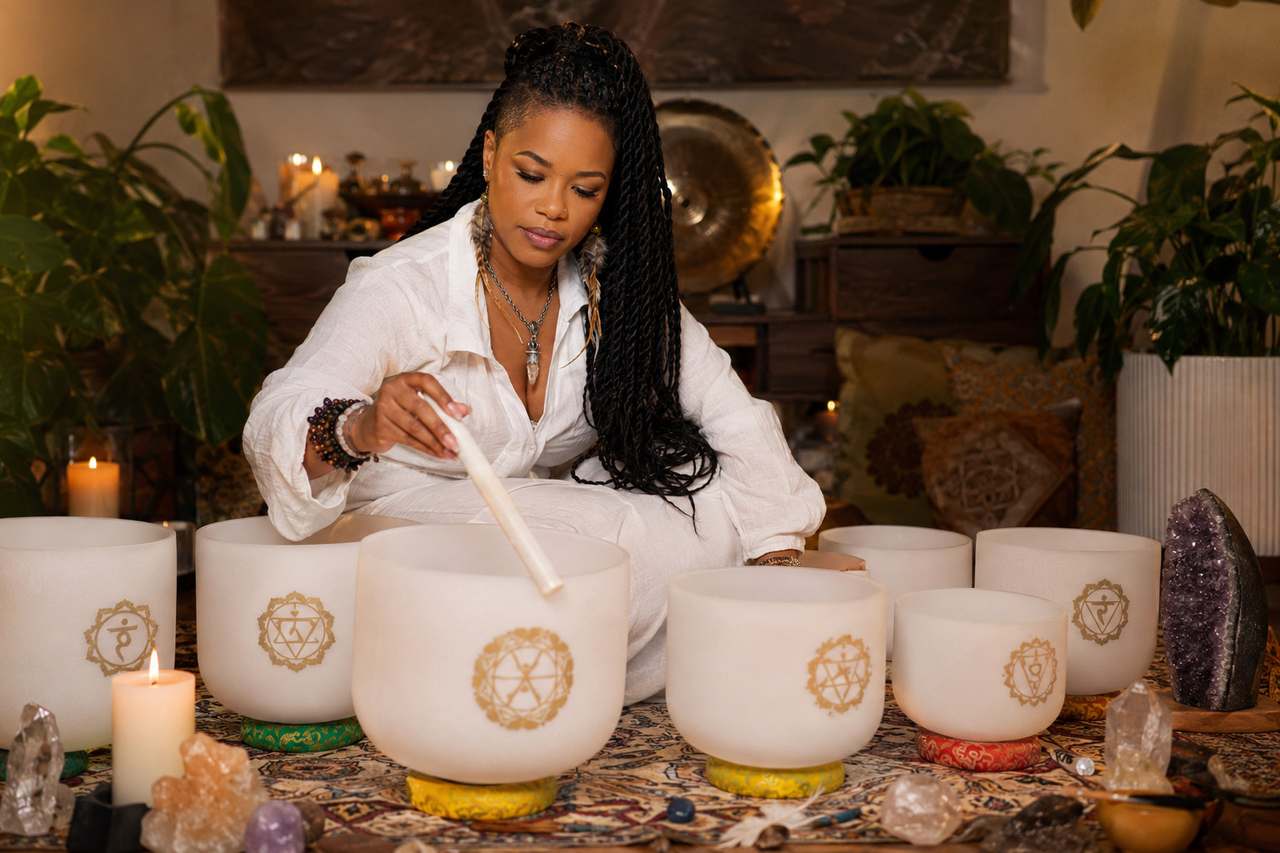 Shaman Yawna Shakti seated among crystal singing bowls in a warm ceremonial environment