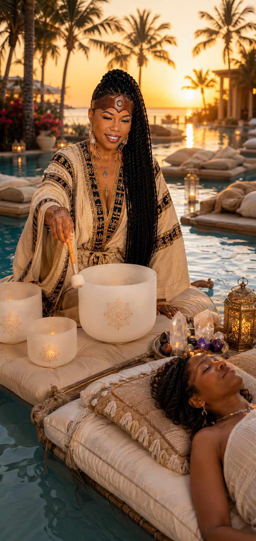 A guest resting on a floating lounger while Shaman Yawna Shakti facilitates a sunset floating sound bath