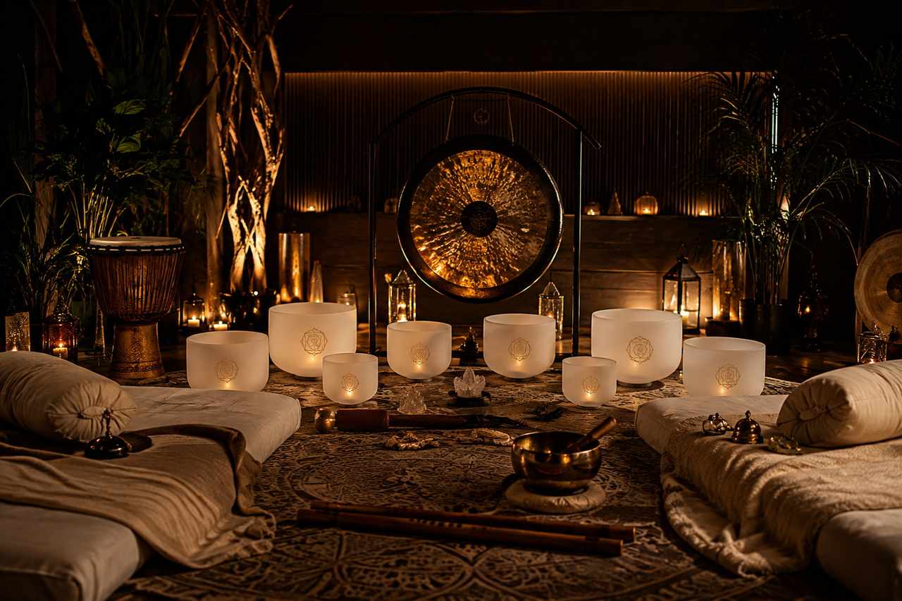 An Alkhemiyah sound sanctuary set for ceremony with crystal singing bowls, gongs, drums, and floor mats in warm candlelight