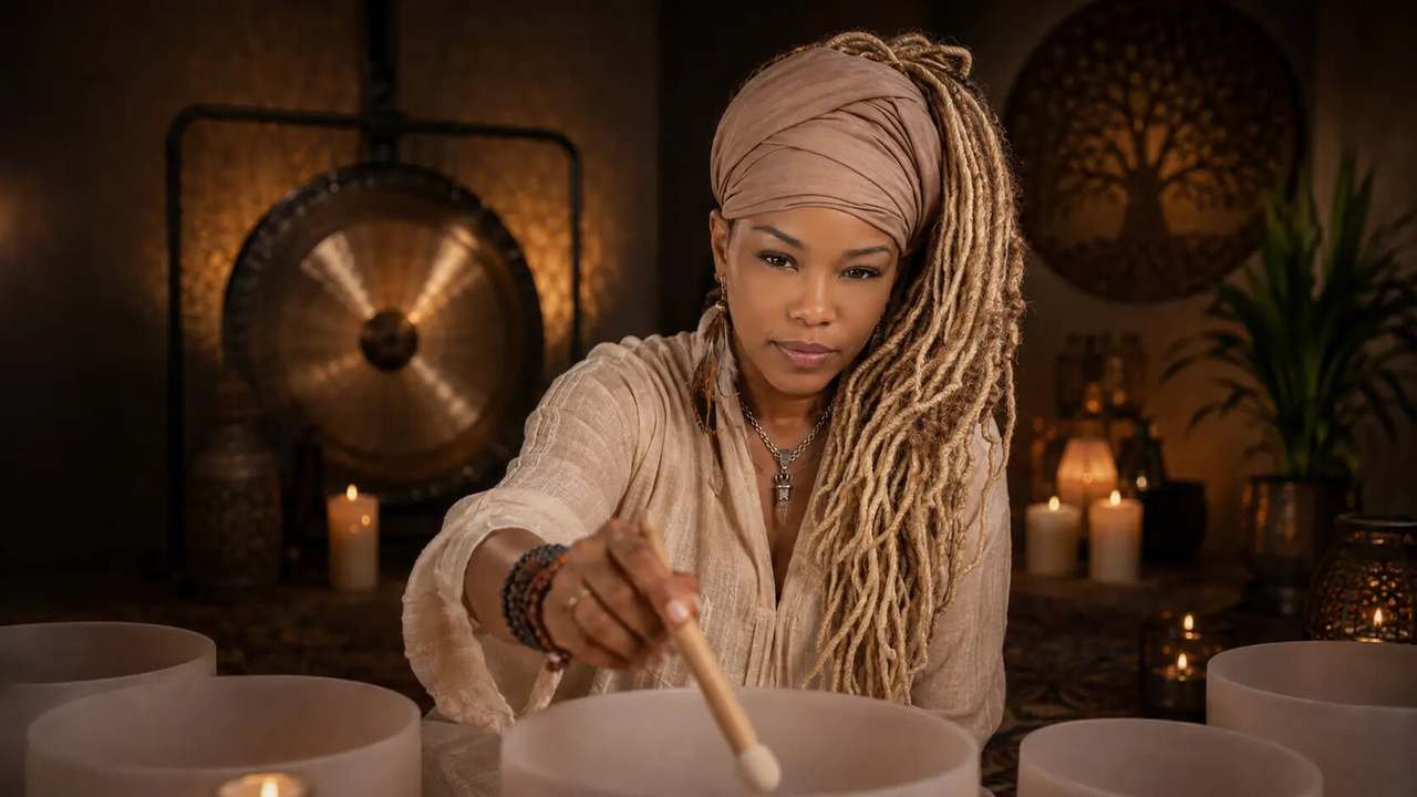 Shaman Yawna Shakti playing a quartz crystal singing bowl beside a bronze gong in candlelight