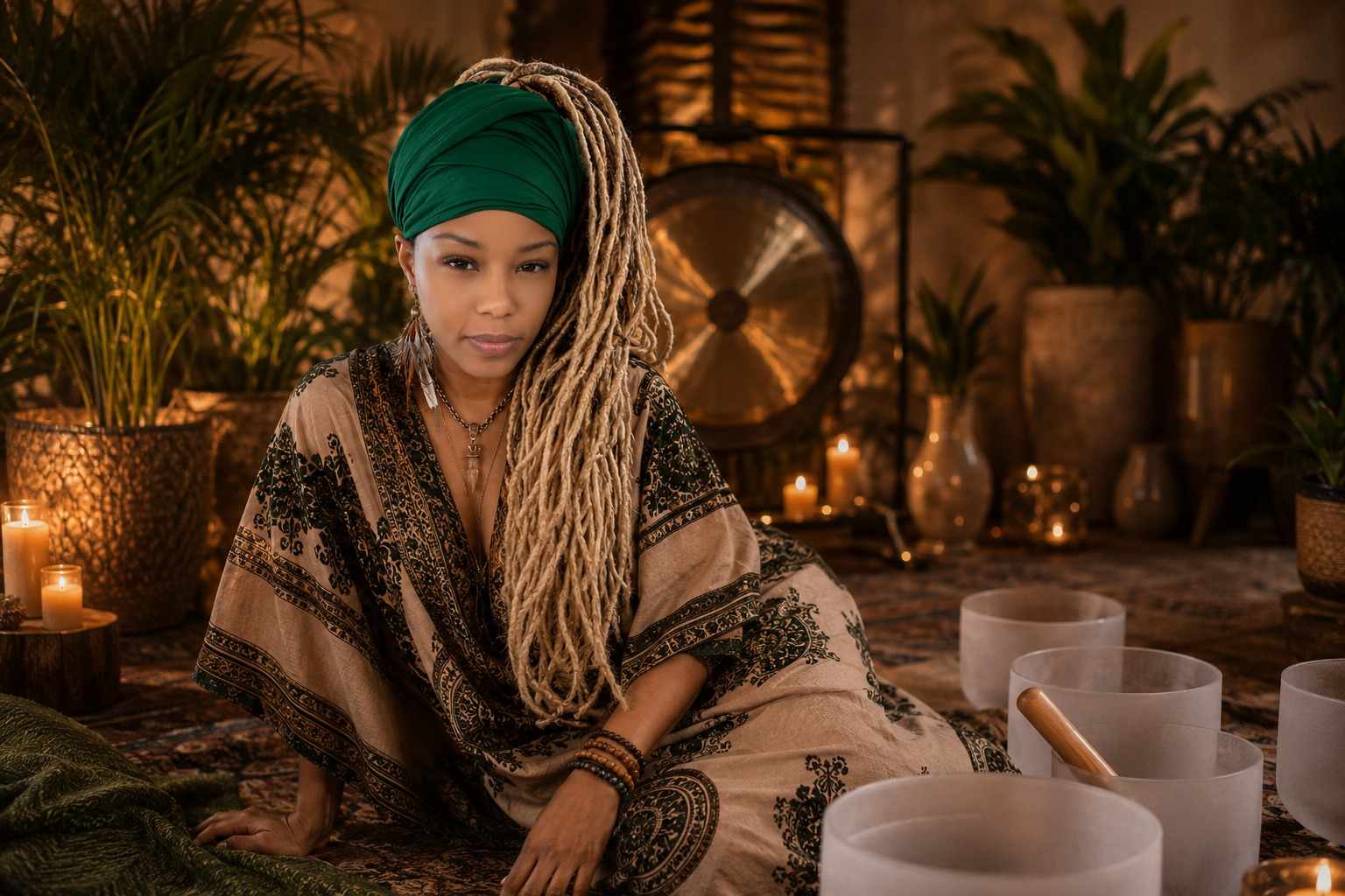 Shaman Yawna Shakti in a green headwrap, seated among crystal singing bowls with a gong and candlelight behind her