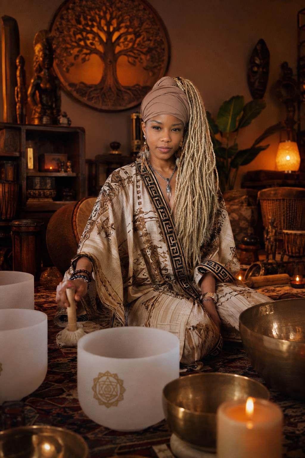 Shaman Yawna Shakti facilitating a crystal singing bowl sound healing session in Chicago