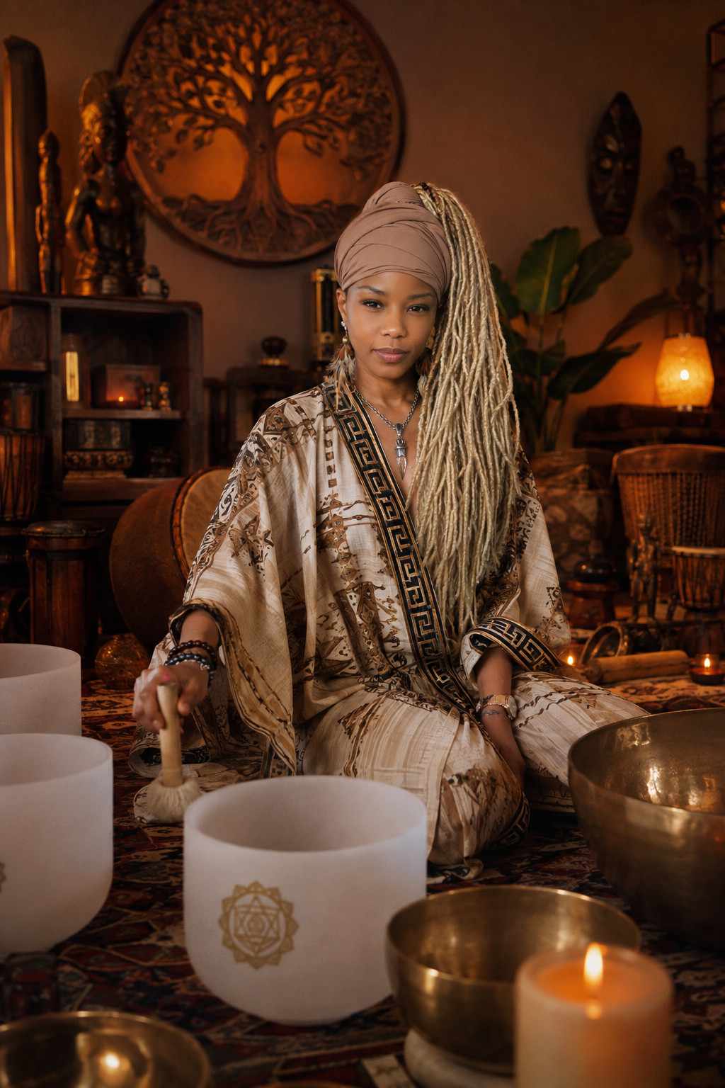 Shaman Yawna Shakti facilitating a crystal singing bowl sound healing session in Chicago